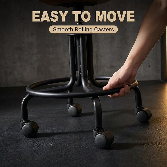 Topower Antique Industrial Design Metal Adjustable Height Kitchen Dining Breakfast Chair Industrial Style Bar Stool with Wheels, Fully Welded, Cinnamon PU Leather Seat