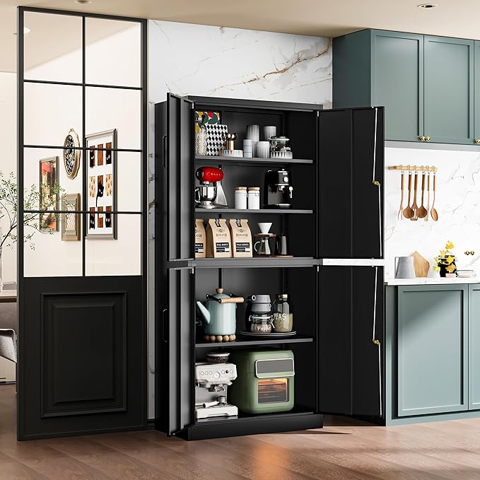Fesbos 71” Metal Storage Cabinet-Lockable File Garage Tool Cabinets with Doors and Shelves-Tall Black Steel Cabinet for Garage-Heavy Duty File Storage for Office, Gym, School