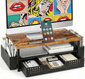 Desk Organizer and Accessories, 2-Tier Computer Monitor Stand Rise with Phone Holder, Drawer & 2 Pen Holders, Laptop & Printer Stand for Desktop, Workspace Organizers for Office Supplies (Brown Wood)