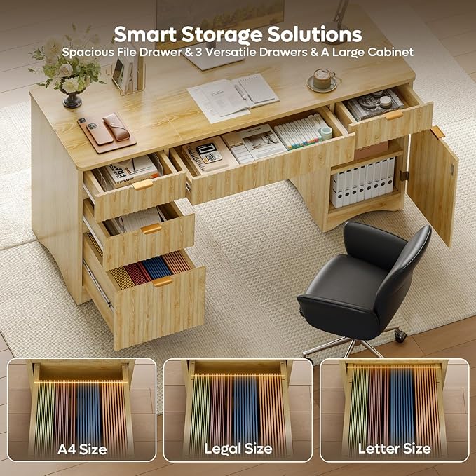 Bestier 63 Inch Home Office Desk with Drawers, Fluted Executive Desk with Ample File Drawer, Keyboard Tray & Storage Cabinet for Study, Living Room, Bedroom, Natural Oak