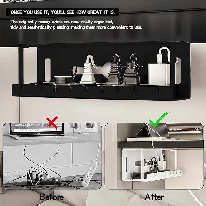 Under Desk Cable Management 16'' Tray Wires Organizer Power Strip Management No Drill Under Table Organizer for Cable Storage Holder (BLACK-50CM)