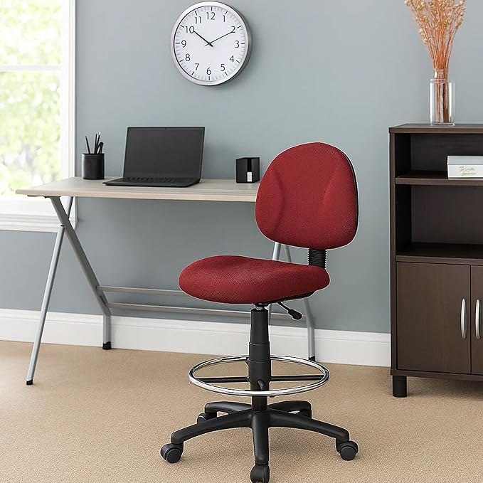Benzara Jea Drafting Stool Chair, Burgundy Red Tweed, Contoured Back and Footring