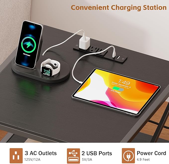 2-Tier Large Priner Stand with Charging Station, 20"×20" Under Desk Printer Table with Power Outlets and USB Ports for Home Office, Heavy Duty Storage Rack for Scanner Fax Machine Heat Press, Black