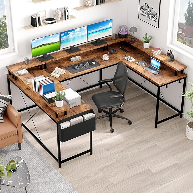 Jojoka U-Shaped Computer Desk with Power Outlets & RGB LED Lights - Reversible l-Shaped Office Desk, Full Monitor Stand, Modern Home Office Workstation, 600lbs Capacity 79",Game Desk, Multiple Colors