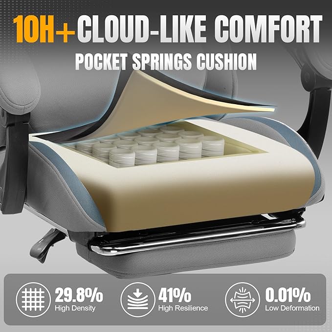 GTPLAYER Gaming Chair with Foot Rest & Pocket Spring Cushion, Breathable Fabric for Home Office Desk, Ergonomic High Back Computer Chair with Headrest & Lumbar Support, Blue/Gray