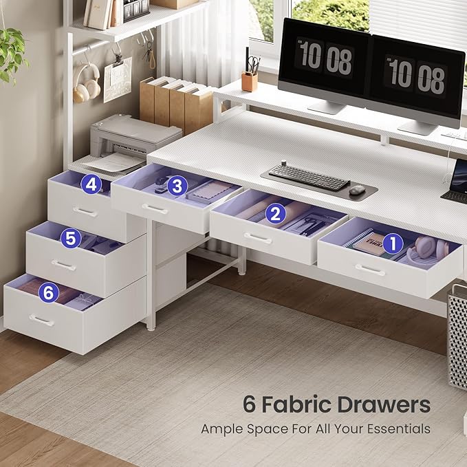 SEDETA 55" Gaming Desk with 6 Drawers, Corner Gaming Desk with Storage & LED Lights, Reversible PC Desk with Power Outlet, Corner Computer Desk with Hutch, Monitor Stand, Side Hook (White)