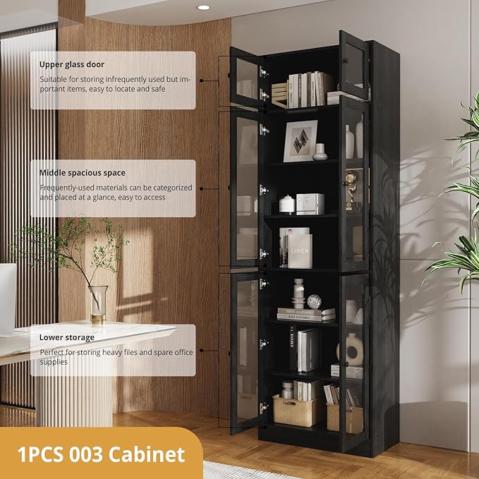 VOWNER 85.5" Tall Wooden Bookshelf 5 Sets, Storage Cabinet with Glass Doors, 7 Tier Bookcase for Living Room, Pantries with Doors and Shelves, Modern Large Storage for Home Office (Black)