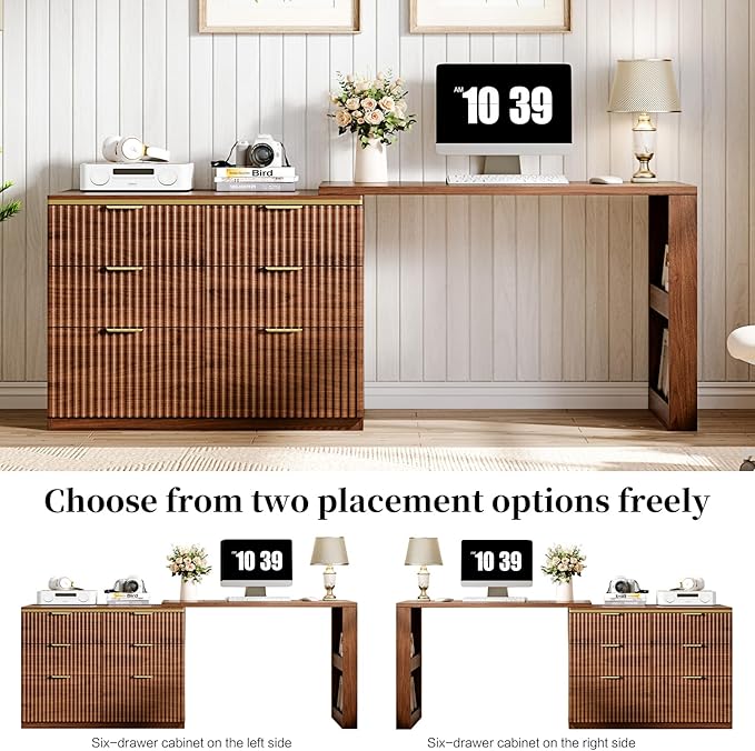 Ieejdn L Shaped Standing Desk,47" Home Office Desks, Executive, Farmhouse Computer Desk with 6 Drawers File Drawer, Rustic Computer Writing, Walnut