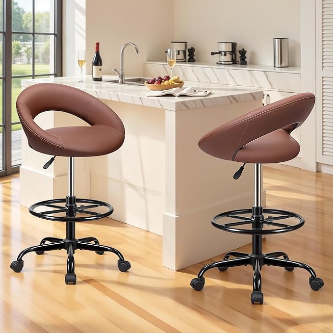 BESTFAIR Drafting Chair with Back, Height Adjustable Rolling Stool with Foot Rest, Tall 360° Swivel Stool PU Leather Chair with Wheels for Home Office, Standing Desk, Brown