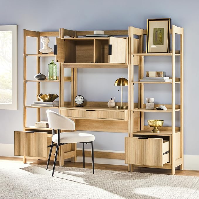 Walker Edison Transitional 3-Piece Hutch Desk with 1 Wide and 1 Narrow Bookcase, Reeded Drawer Fronts, Built-in outlets and USB Ports, Set of 3, Coastal Oak