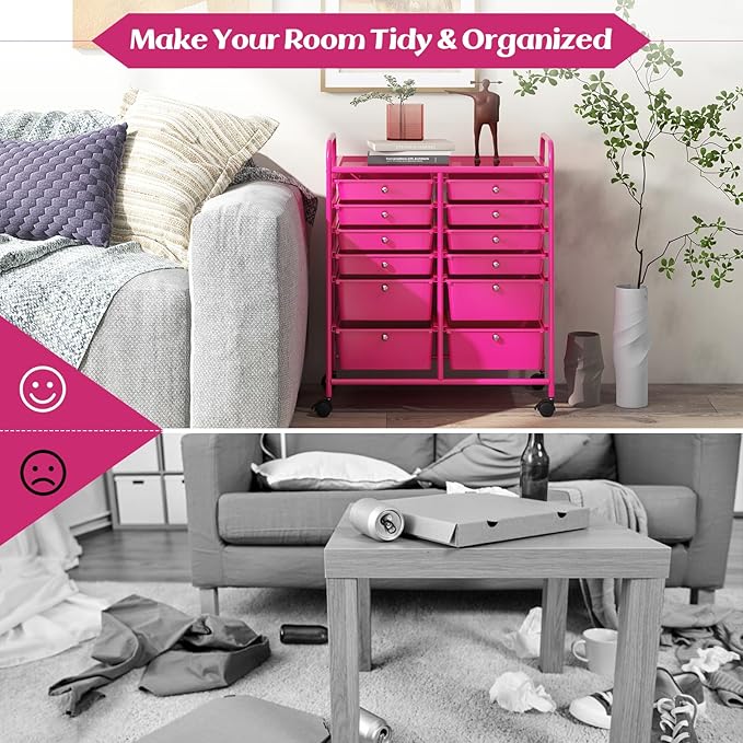 Moccha 12-Drawer Rolling Storage Cart - Utility Cart on Wheels with Lockable Casters for Craft Art Supply Paper Salon, Mobile Drawer Carts for Classroom Teacher School Office (Hot Pink)
