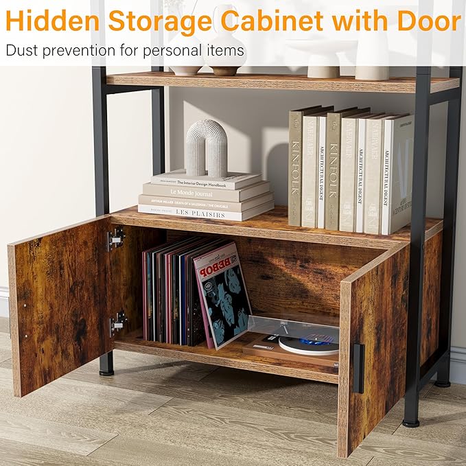 Jehiatek Arched Bookshelf with Storage Cabinet 71 Inch Tall Industrial Bookcase 5 Tier Open Display Shelf with Hidden Storage Rustic Wood and Metal Bookshelf for Living Room Bedroom Home Office