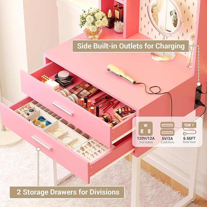 Besiost Small Vanity Desk with Hutch and Drawers, Pink Makeup Vanity Desk with Outlets, Vanity Table Dressing Table with LED Lights, Vanity Desks No Mirror with Pegboard for Girls Women, 24"
