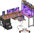AODK 59 Inch L Shaped Desk with 4 Drawers, Gaming Desk with Led Lights & Power Outlets, Computer Desk with Pegboard, Reverisble Home Office Desk with Storage Shelves & CPU Stand, Vintage
