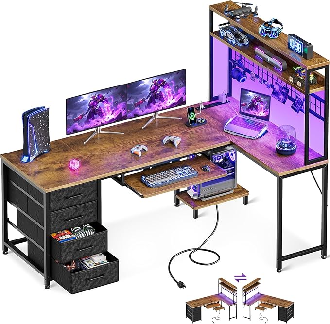 AODK 59 Inch L Shaped Desk with 4 Drawers, Gaming Desk with Led Lights & Power Outlets, Computer Desk with Pegboard, Reverisble Home Office Desk with Storage Shelves & CPU Stand, Vintage