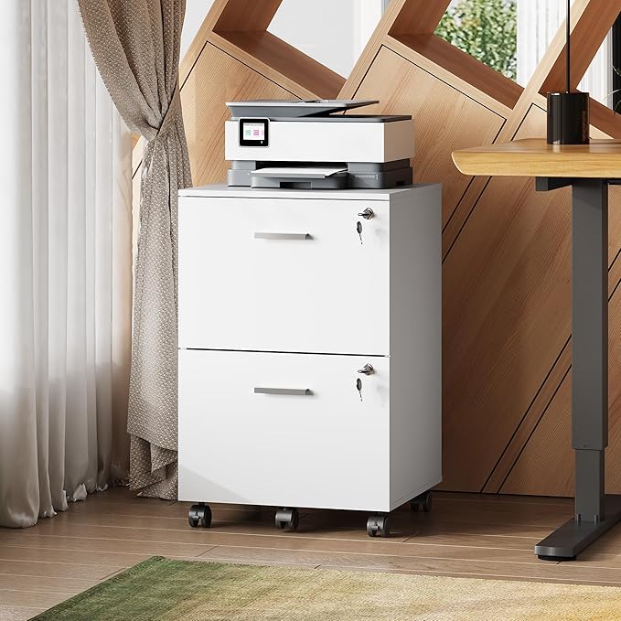 DEVAISE 2 Drawer File Cabinet, Mobile Printer Stand, Wood Filing-Cabinet fits A4 or Letter Size for Home Office, White