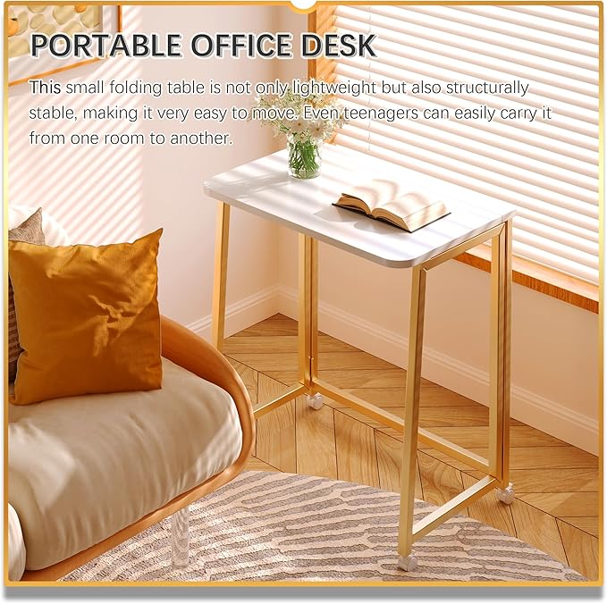 4NM 23.6" Mobile Small Folding Desk, Foldable Rolling Computer Home Office Desk, Study Writing Table for Small Space Saving Bedroom, with Wheels - White and Gold