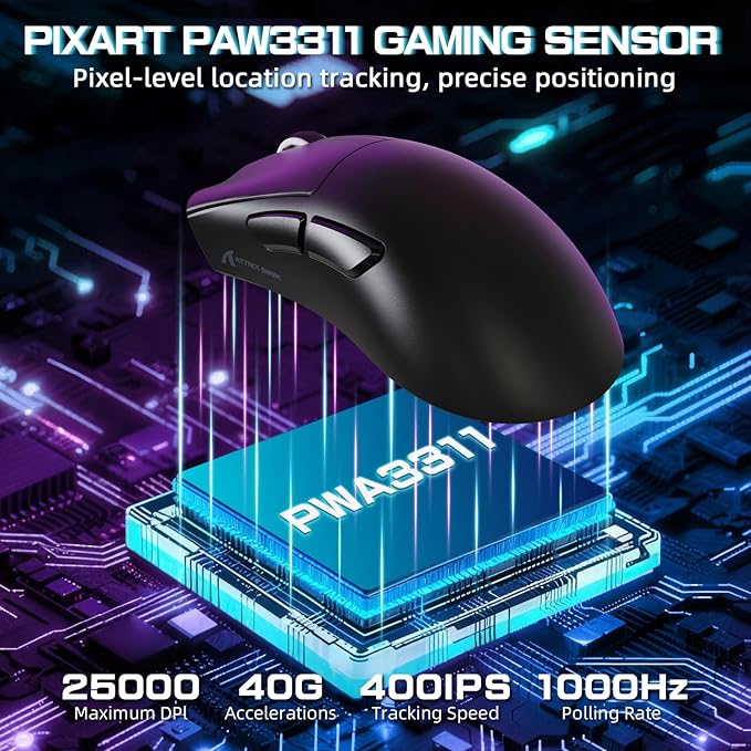 ATTACK SHARK V3 PRO Wireless Esports Gaming Mouse with Magnetic Charging Dock:62g Lightweight-1K Polling-25K DPI-PAW3311 Sensor,Wired/BT/2.4Ghz Programmable,BK52820 IC for PC Mac Laptop Gamer(Black)