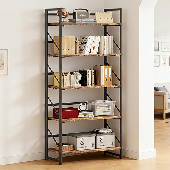 JSB No Assembly Folding Bookshelf, 5 Tier Industrial Metal Book Shelf for Storage, Vintage Wood Foldable Bookcase for Living Room, Bedroom, Office Organization Shelves
