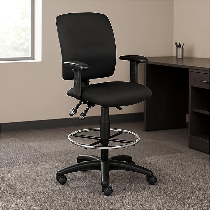 Benzara Jea Drafting Stool, Seat Tilt Lock, Adjustable Arms, Black Crepe