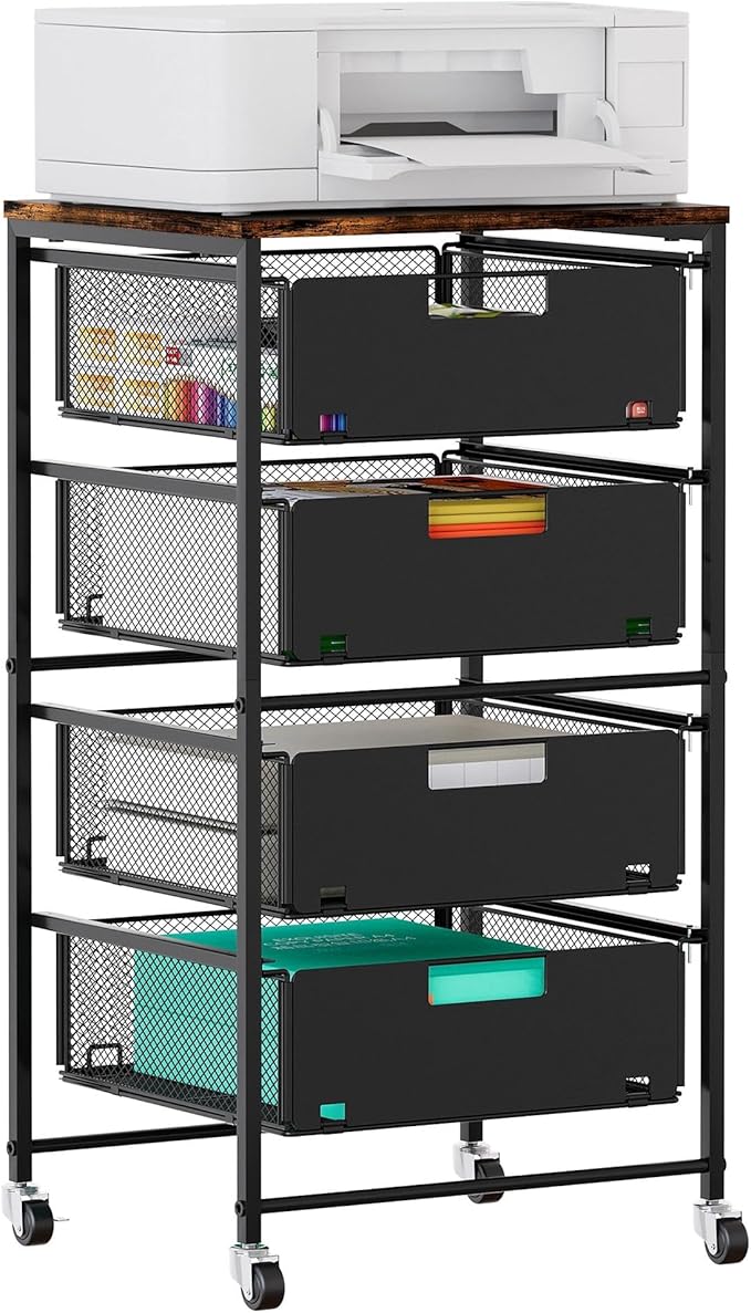 EasyPAG Rolling Storage Cart with 4 Drawers, Under Desk File Cabinet on Lockable Wheels, Moviable Hanging File Folder Organizer with Wooden Printer Stand for Home Office