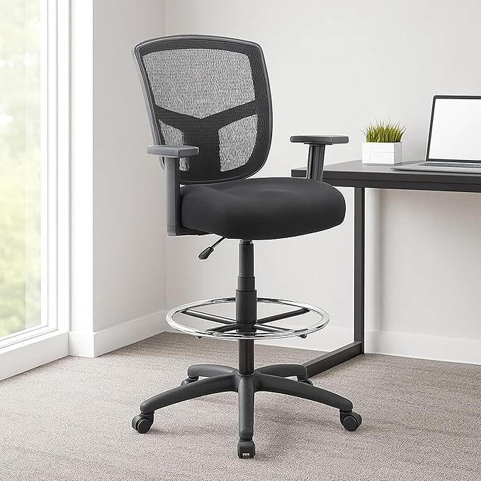 Benzara MEA Drafting Stool Chair, Adjustable Arms, Black Mesh, Chrome Footring