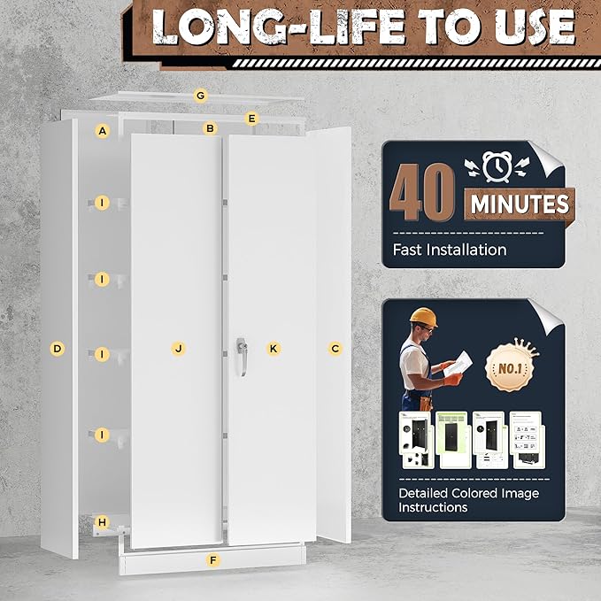 INTERGREAT Metal Lockable Storage Cabinet, 72” H Storage Cabinets with 2 Doors and 4 Adjustable Shelves for Office, Home, Garage, Pantry (Assembly Required, White)
