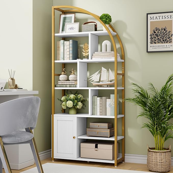 Jehiatek 71" Arc Gold Bookshelf with Storage Cabinet, Tall 6 Tiers Industrial Bookcase with Sturdy Metal Frame, Geometric Book Shelf for Lving Room, Home Office, Gold and White
