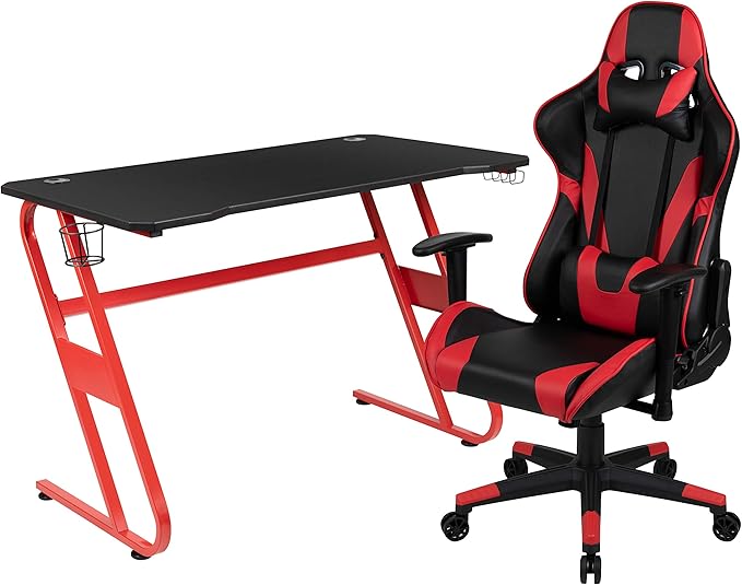 Flash Furniture Optis Red Gaming Desk and Red/Black Reclining Gaming Chair Set with Cup Holder and Headphone Hook