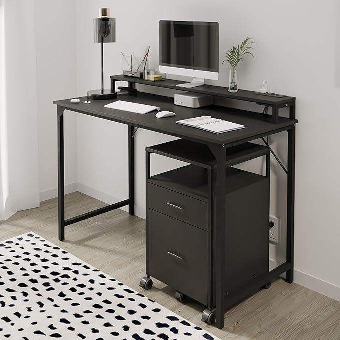 Realspace® Rezio 47" Computer Desk with Hutch and Integrated Power, Black, BIFMA Compliant