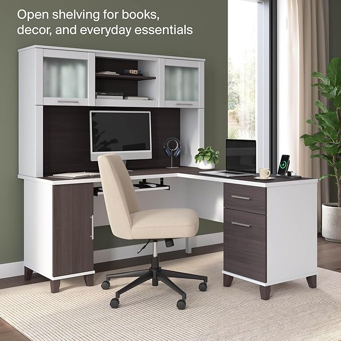 Bush Home 60-Inch Desk Hutch, Office Storage Organizer with Shelves, Cubbies and Frosted Glass Doors for Computer Desk, Home Office Furniture, Somerset Collection, Storm Gray and White