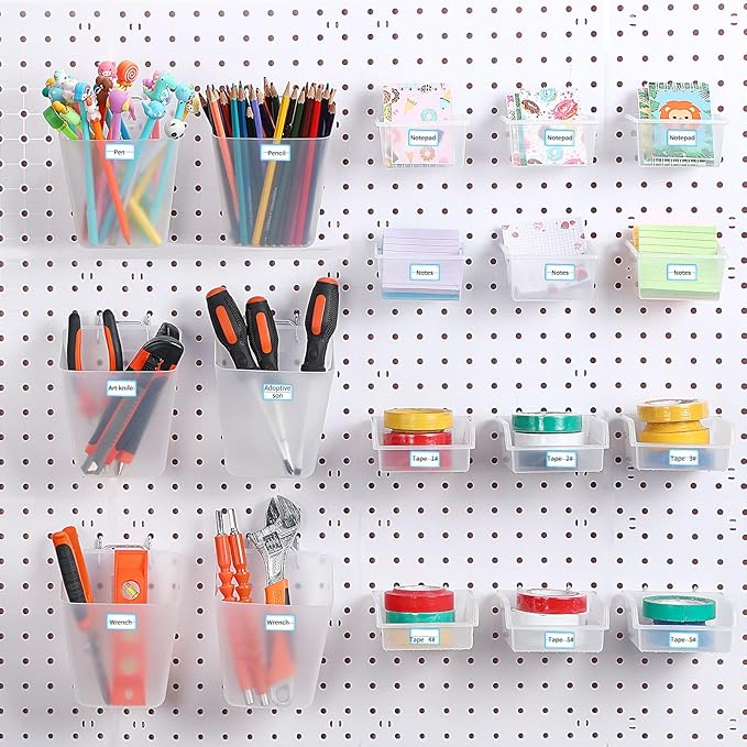 Uiifan 18 Set Pegboard Bins Kit Plastic Pegboard Cups with Metal Hooks Wall Containers Organizer Accessories with Label Stickers for DIY Tools Craft Office Workshop Garage Storage(Clear)