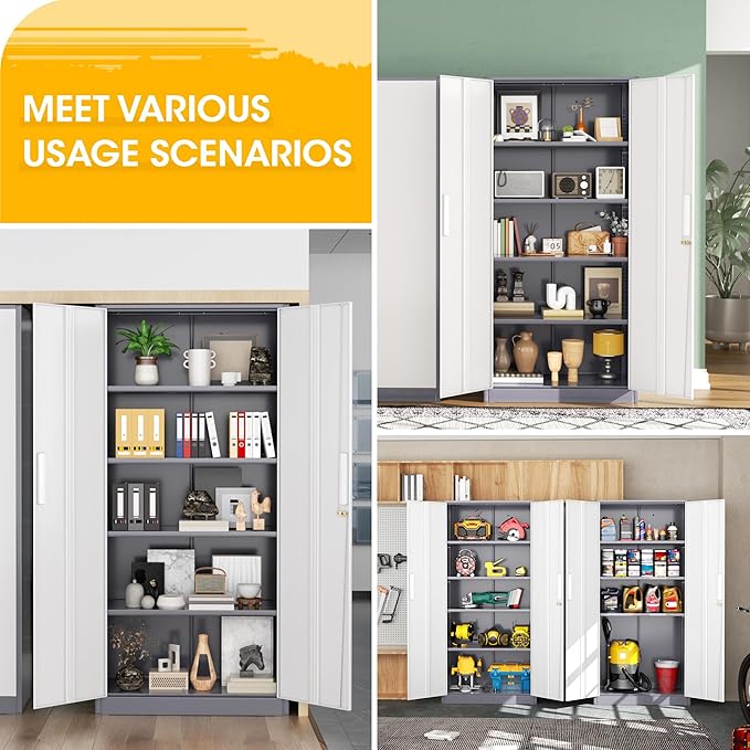 Greenvelly Metal Storage Cabinet,72” Metal Cabinet Storage with Doors and 4 Adjustable Shelves,Tall Storage Cabinet for Home,School,Gym(Grey White)