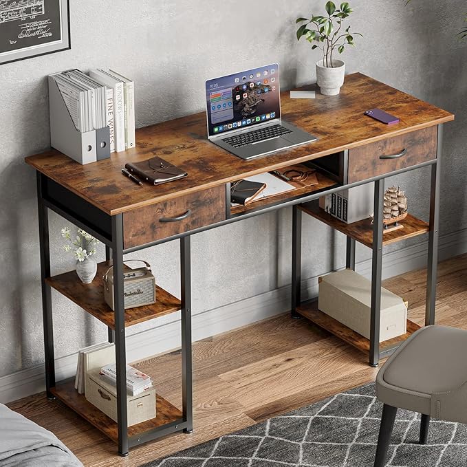 Sweetcrispy Computer Gaming Desk with Drawers & Storage Shelves - 48 Inch Bedroom Writing Study Home Office PC Table, Adjustable Feet, Rustic Brown