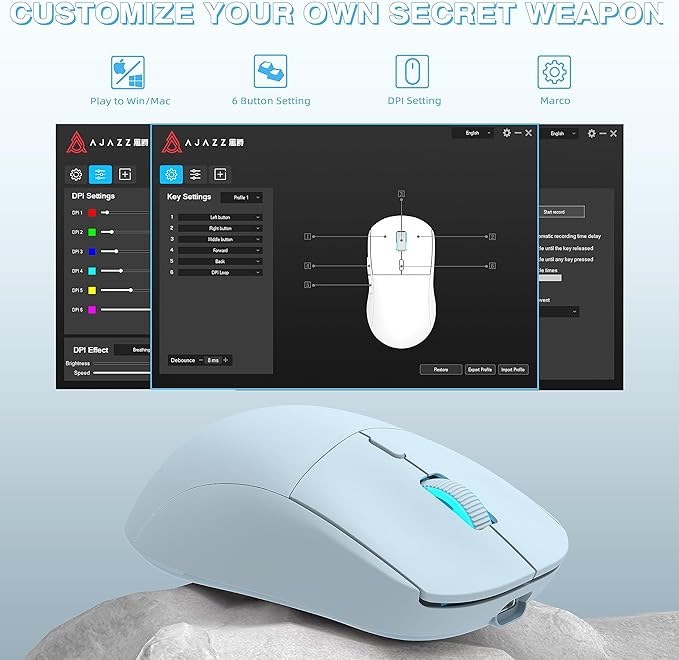 ATTACK SHARK AJ199 Wireless Gaming Mouse,59g Lightweight Ergonomic Computer Mouse,1000Hz Polling Rate,Up to 26000DPI,Double Modes PAW-3395 Optical Sensor,Programmable 6 Button for PC/Laptop/Win/Mac