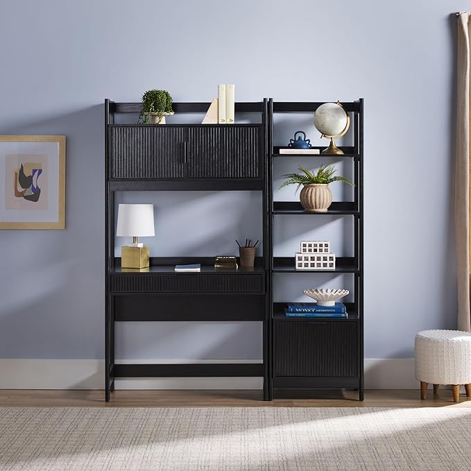 Walker Edison Transitional 2-Piece Hutch Desk with Narrow Bookcase, Reeded Drawer Fronts, Built-in outlets and USB Ports, Set of 2, Black