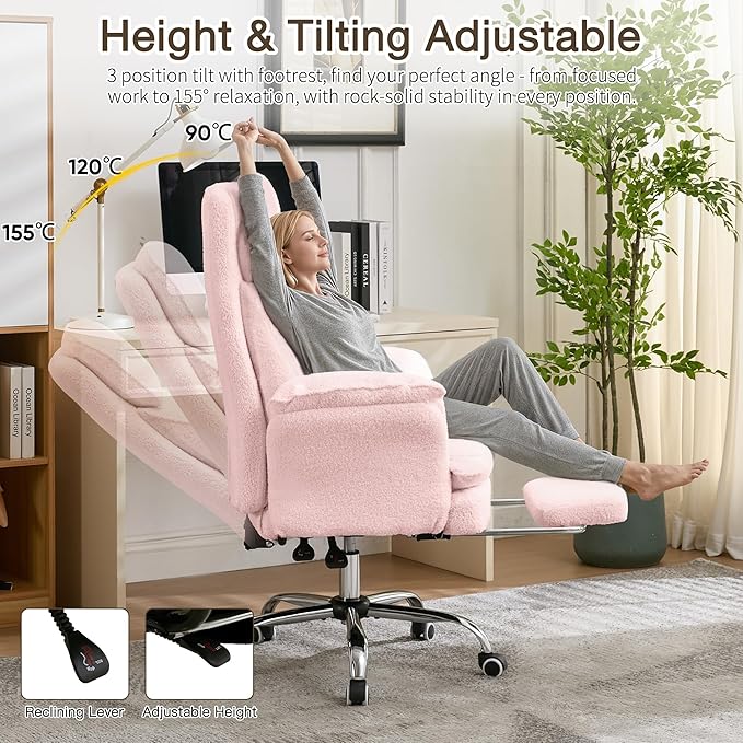Ergonomic Cloud Cross Legged Office Chair with Footrest,Teddy Fleece Big and Tall Executive Chair with Wheels,Reversible Armrest,155° Reclining Computer Wide Desk Chair for Home,Office (Pink)