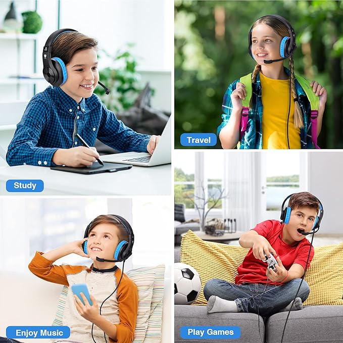 BlueFire Kids Headphones for Online School, Children, Teens, Boys, Girls, 3.5mm Stereo Over-Ear Gaming Headphone with Microphone and Volume Control for PS4, PS5, New Xbox One（Blue）