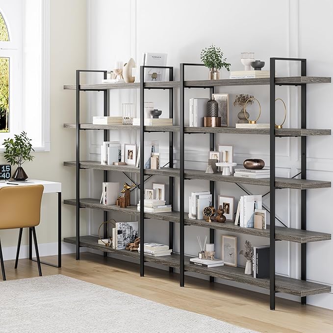 OtterOasis Bookshelf Set, Heavy Duty 5-Tier Industrial Bookcase, 47" Wide Wood Bookshelf for Home Office, 120lbs Shelf Capacity, Rustic Open Display with Horizontal Shelf for Living Room Bedroom, Grey