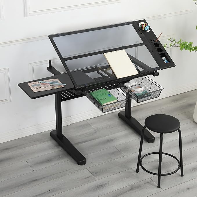 Miscoos Hand Crank Adjustable Drafting Table Drawing Desk with 2 Metal Drawers and Stool, Black, Tempered Glass, Sheet Metal