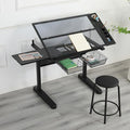 Miscoos Hand Crank Adjustable Drafting Table Drawing Desk with 2 Metal Drawers and Stool, Black, Tempered Glass, Sheet Metal