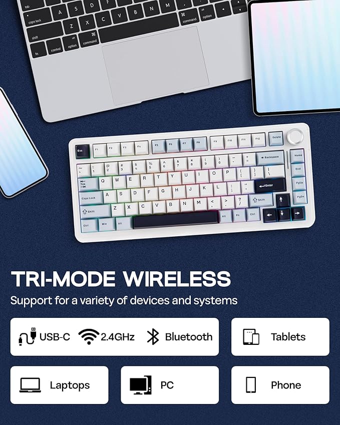 EPOMAKER EA75 75% RGB Gaming Mechanical Keyboard, 2.4GHz/Type-C/BT Creamy Wireless Keyboard with Knob, Shine Through PBT Keycaps, Hot Swappable for Gamers (Light Blue, Graywood V3 Switch)