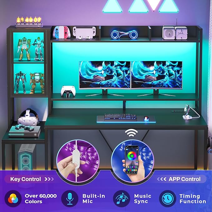 SEDETA Gaming Desk, 60'' Gaming Desk with Hutch and LED Lights, Computer Desk with Storage Shelves, Large PC Gamer Desk with Display Cabinet, Monitor Stand, Power Outlet for Home Office, Black