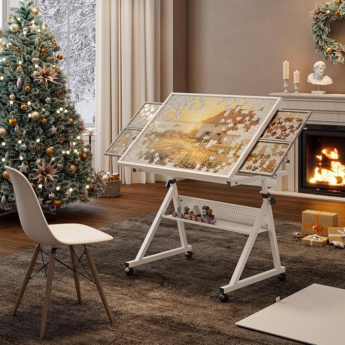 Drafting Table Art Table on Wheels with Storage & 4 Side Trays - Adjustable Drawing Table Tilted Tabletop, Crafting Desk with Storage for Artist Painters Home Office (White C)