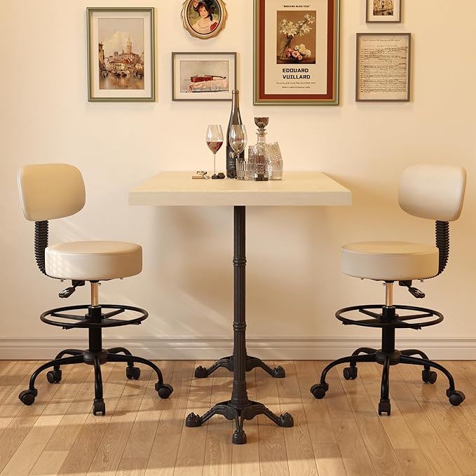 Drafting Chair with Back, Adjustable Foot Rest Rolling Stool (2, White)