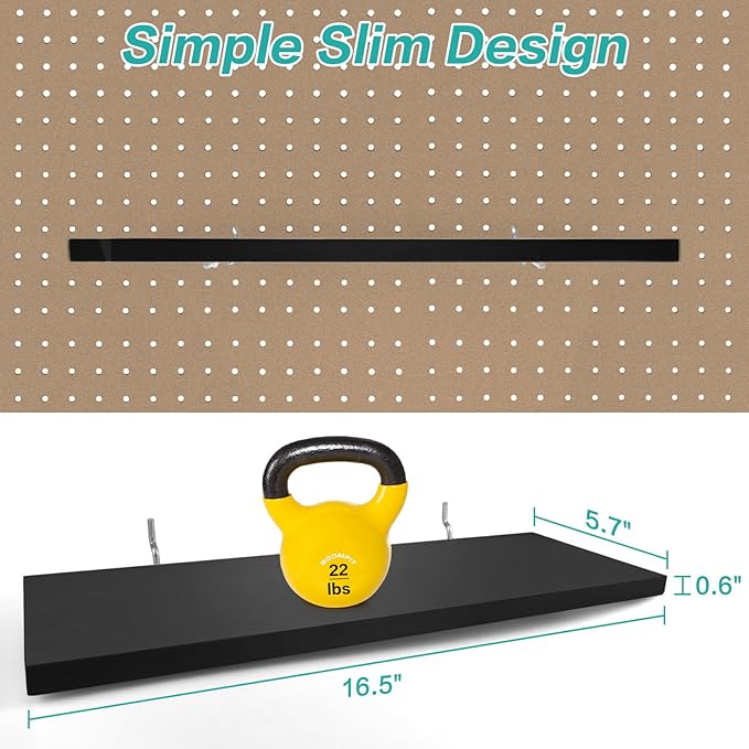 Pegboard Shelves, 16" x 6" Large Peg Board Racks 2Pack Wall Organizer Shelf, 1/4inch Heavy Duty Metal Brackets Fit All Pegboards, Wood Slats, Craft Garage Workbench Office Shelving Accessories (Black)