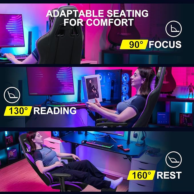 GTPLAYER Gaming Chair with Footrest, Ergonomic Computer Game Desk Chair, Reclining Gamer Chair Seat Height Adjustment, Swivel Rocker with Headrest and Lumbar, Purple