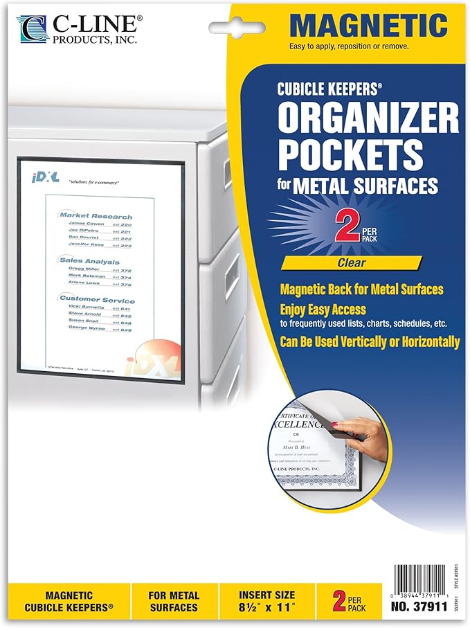 C-Line Magnetic Cubicle Keepers for Metal and Whiteboard Surfaces, Clear, 8.5 x 11 Inches, 2 per Pack (37911) (Pack of 2)
