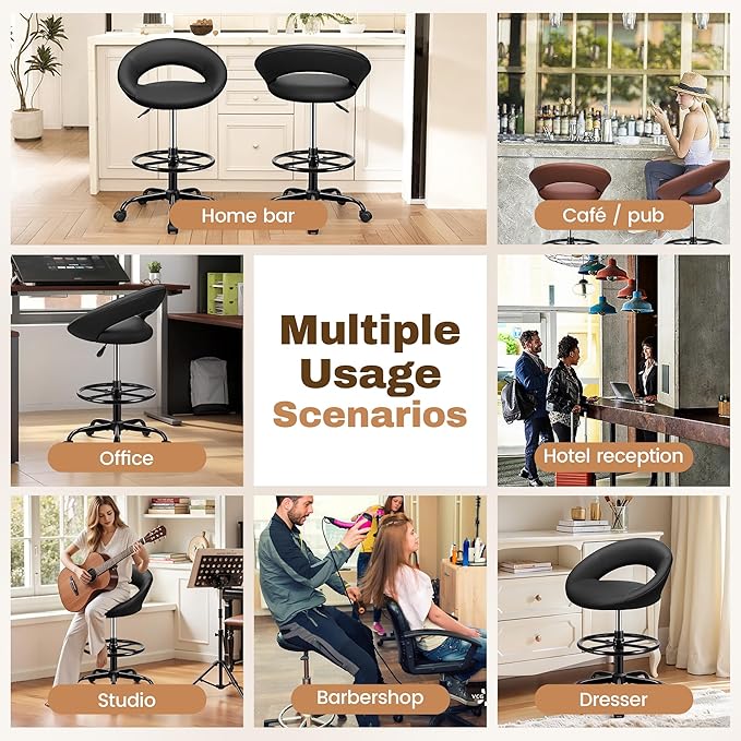 BESTFAIR Office Drafting Chair - Bar Stools with Back Support, Adjustable Foot Rest and Wheels, Shop Rolling Swivel Chair for Standing Desk Counter Kitchen Salon Home Vanity, Black 4 Pack