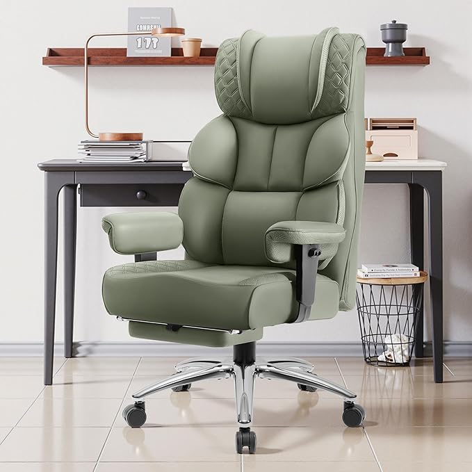 BestGlory Office Desk Chair, Big and Tall Leather Gaming Chair with Footrest, Wide Ergonomic Comfy Executive High-Back Reclining Computer Chairs, Swivel Rolling Wheels and Padded Lumbar Support, Green